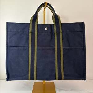 Hermès Fourre-Tout MM Tote Bag in Navy and Khaki Canvas